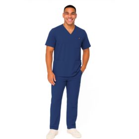 M&M SCRUBS Men's Scrub Set – Stretch V-Neck Multi-Pocket Mens Medical Uniform Scrubs Top & Cargo Pants (STYLE 3400) - True Navy Blue, Large