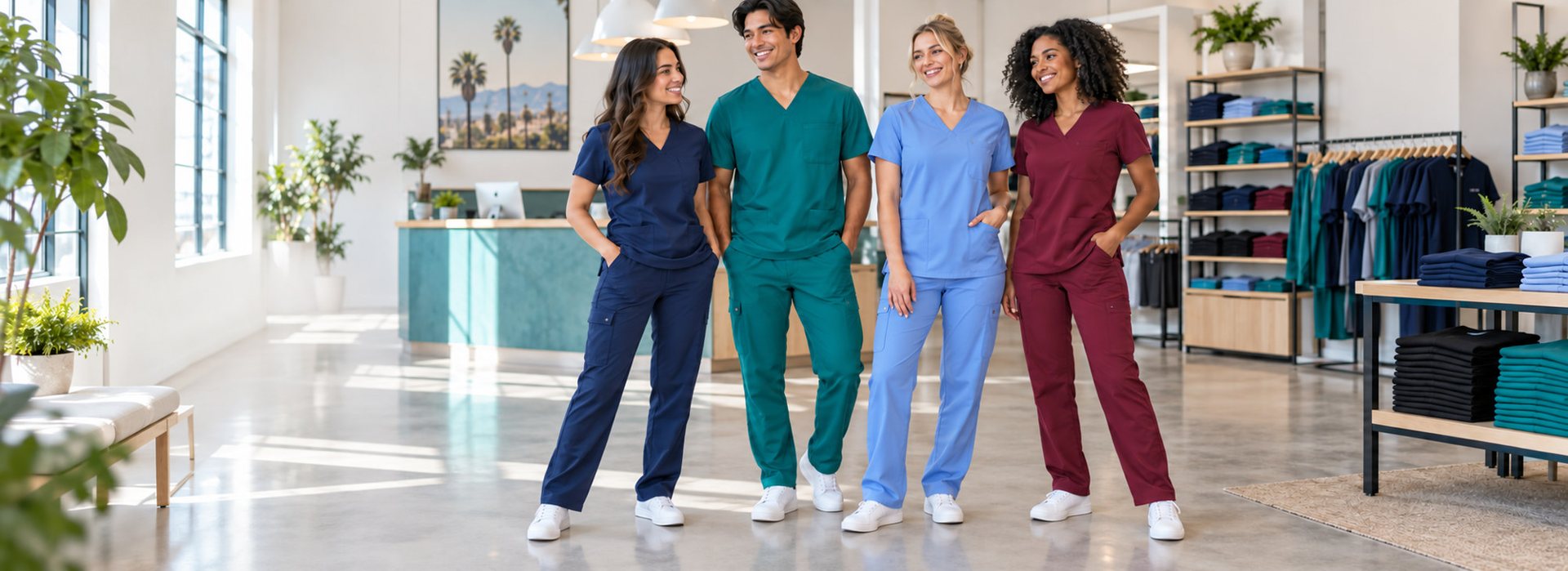 Nurses wearing medical scrub sets in navy teal ceil blue and burgundy